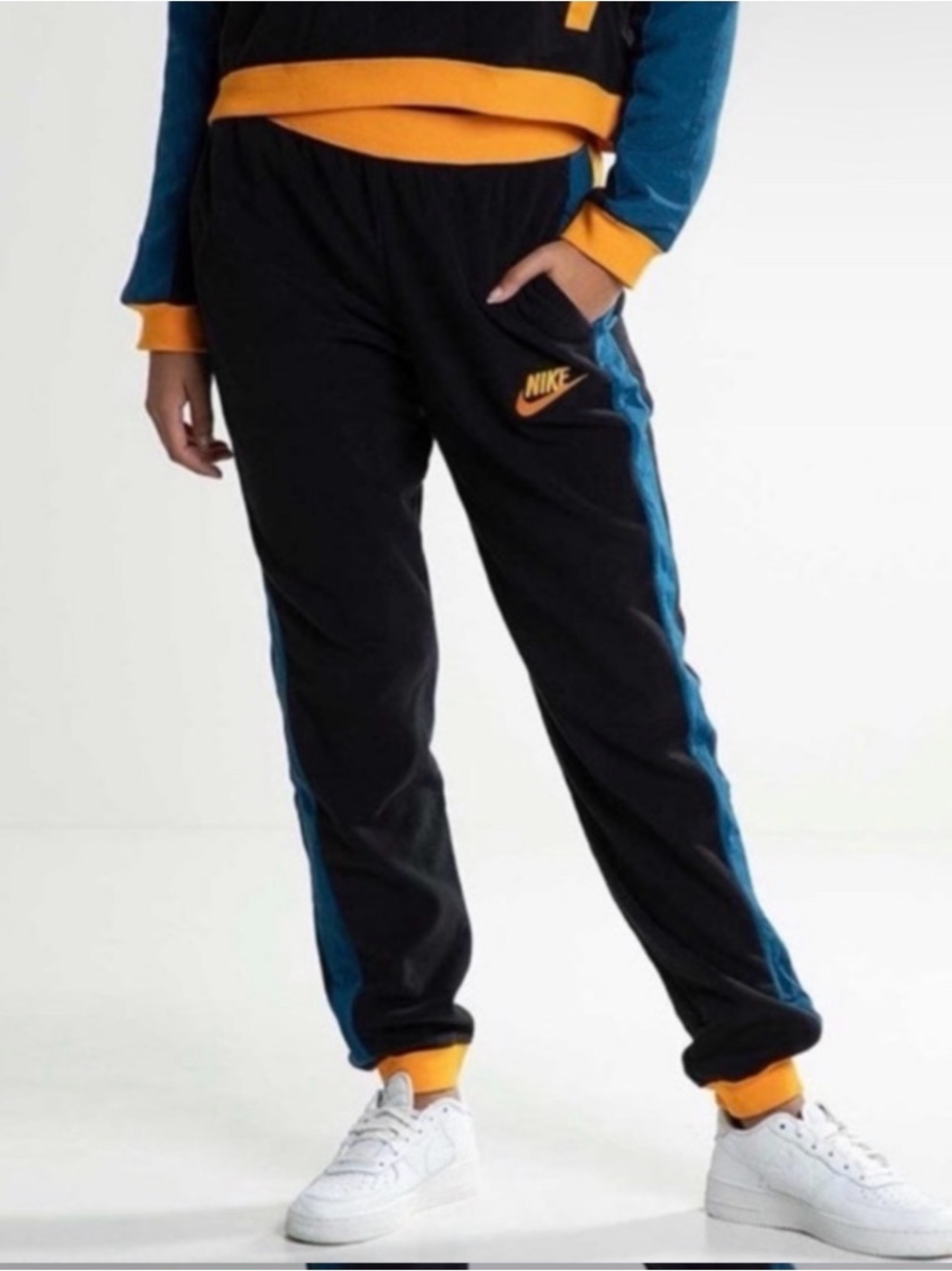 Nike Black Sweatpants with Blue Side Panels and Orange Trim